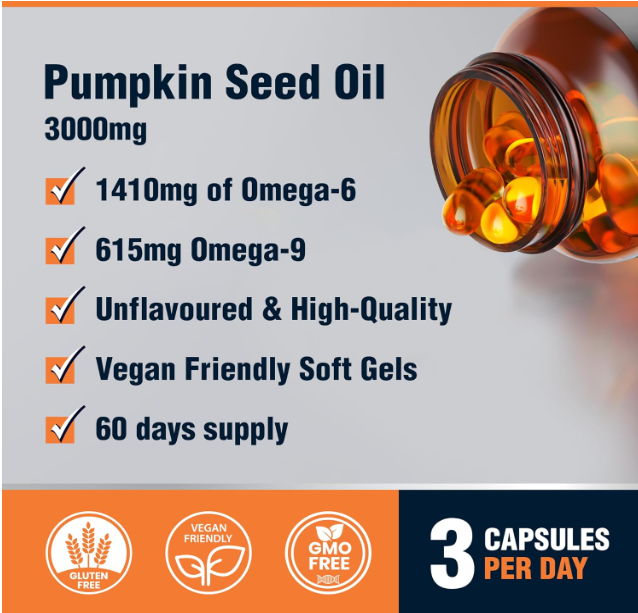Cold Pressed Extra Virgin Pumpkin Seed Oil Capsules – Vegan Softgels, 180 (60 Days) | 3000mg Omega 6 & 9 for Prostate, Hair & Heart Support
