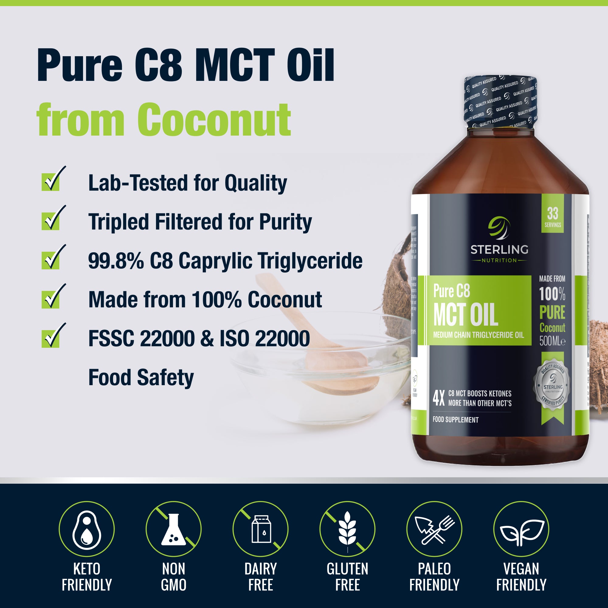 Pure C8 MCT Oil - 500ml | 4X More Ketones for Keto & Fasting | Lab Tested 99.7% Purity | 100% Sustainable Coconuts | Vegan & Gluten-Free