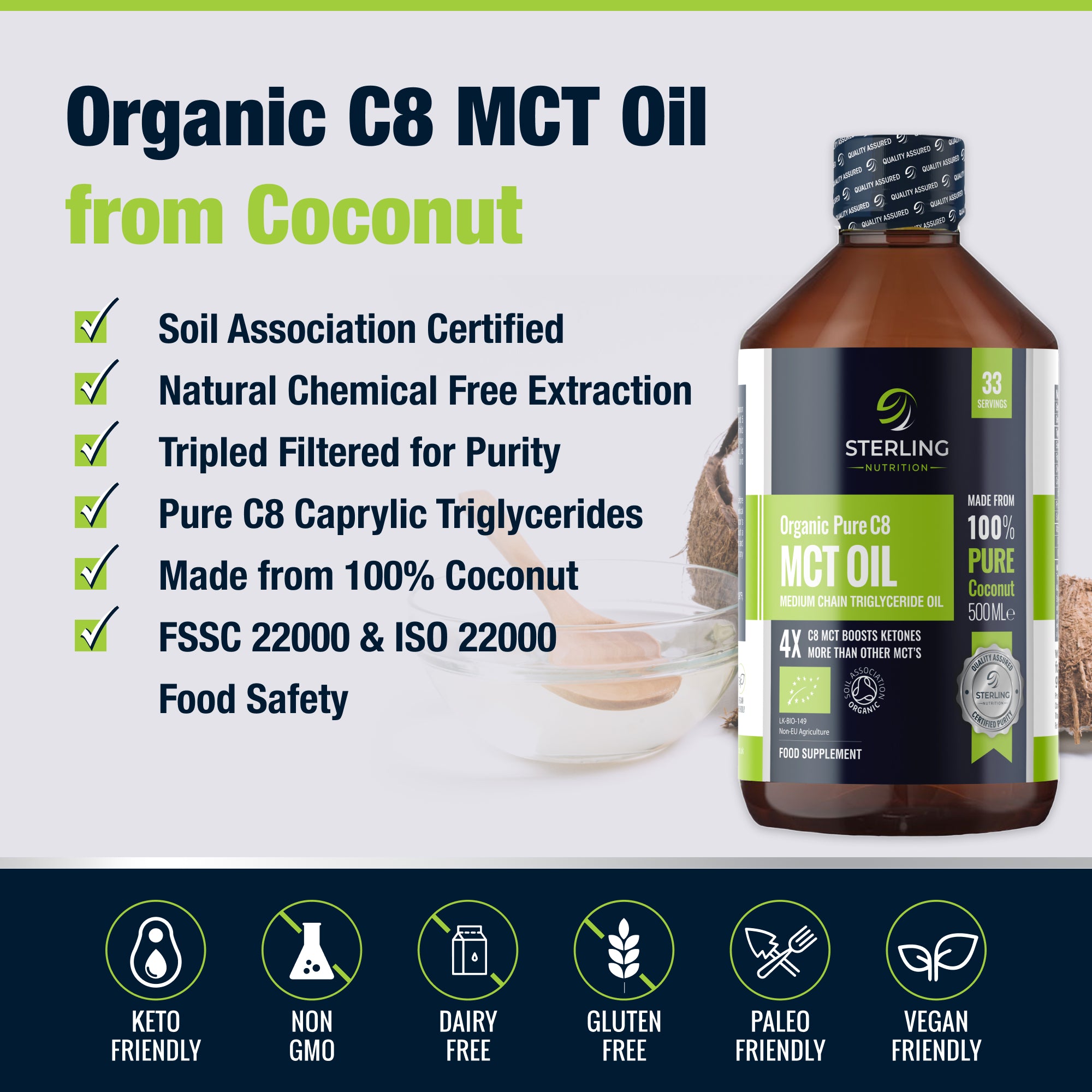 Pure Organic C8 MCT Oil - 500ml | 4X Ketones for Keto & Fasting | 100% Sustainable Coconuts | Lab Tested | Vegan & Gluten-Free