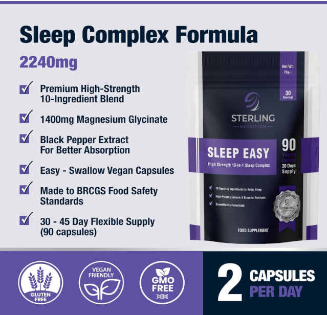 Sleep Easy - High Strength 10-in-1 Sleeping Complex, 90 Vegan Capsules | L-Tryptophan & Magnesium Glycinate | Natural Aid & Non-Habit Forming