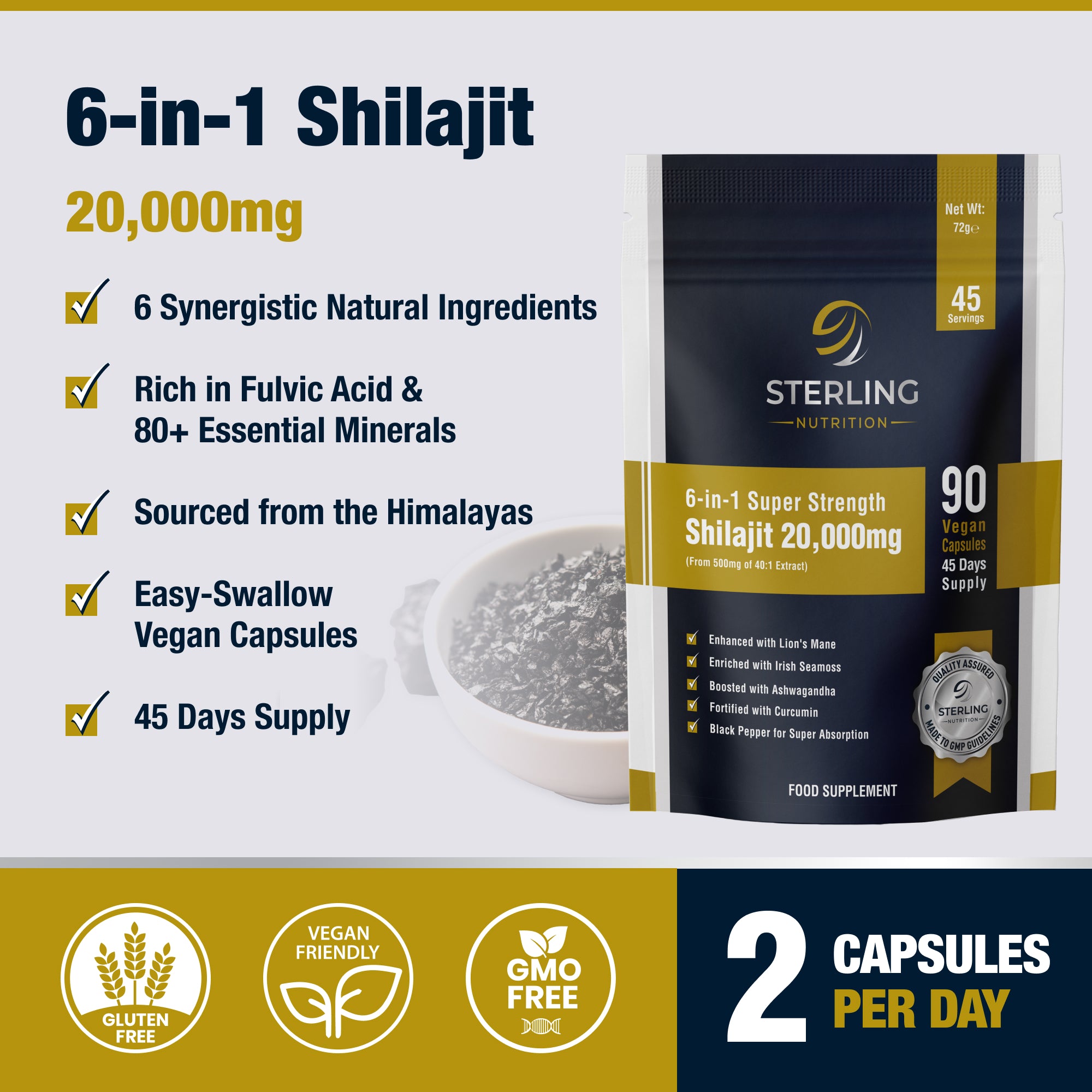 6-in-1 Super Strength Himalayan Shilajit Complex – Vegan Capsules, 90 | 20000mg with Lion's Mane, Irish Sea Moss, Ashwagandha, Curcumin & Black Pepper