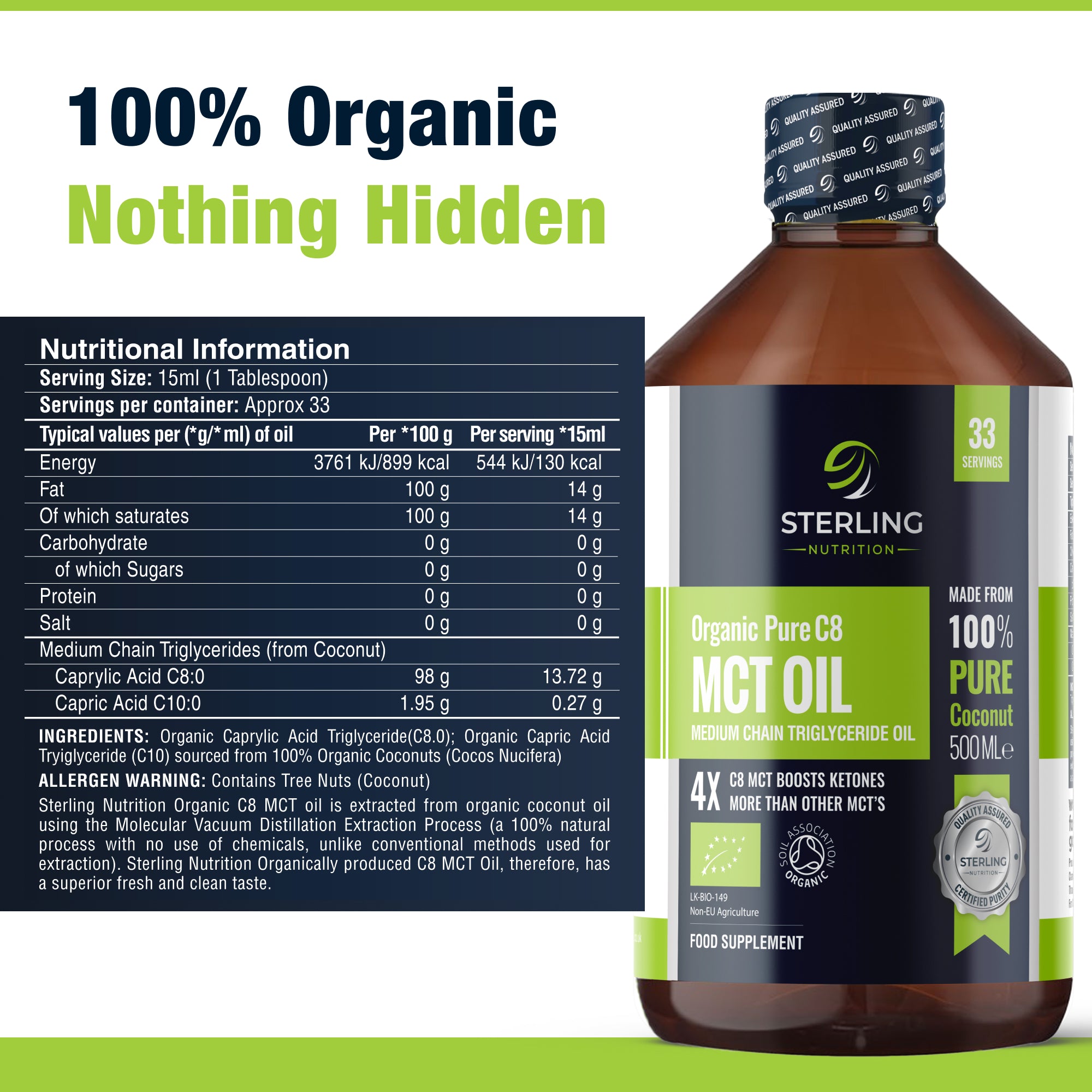 Pure Organic C8 MCT Oil - 500ml | 4X Ketones for Keto & Fasting | 100% Sustainable Coconuts | Lab Tested | Vegan & Gluten-Free