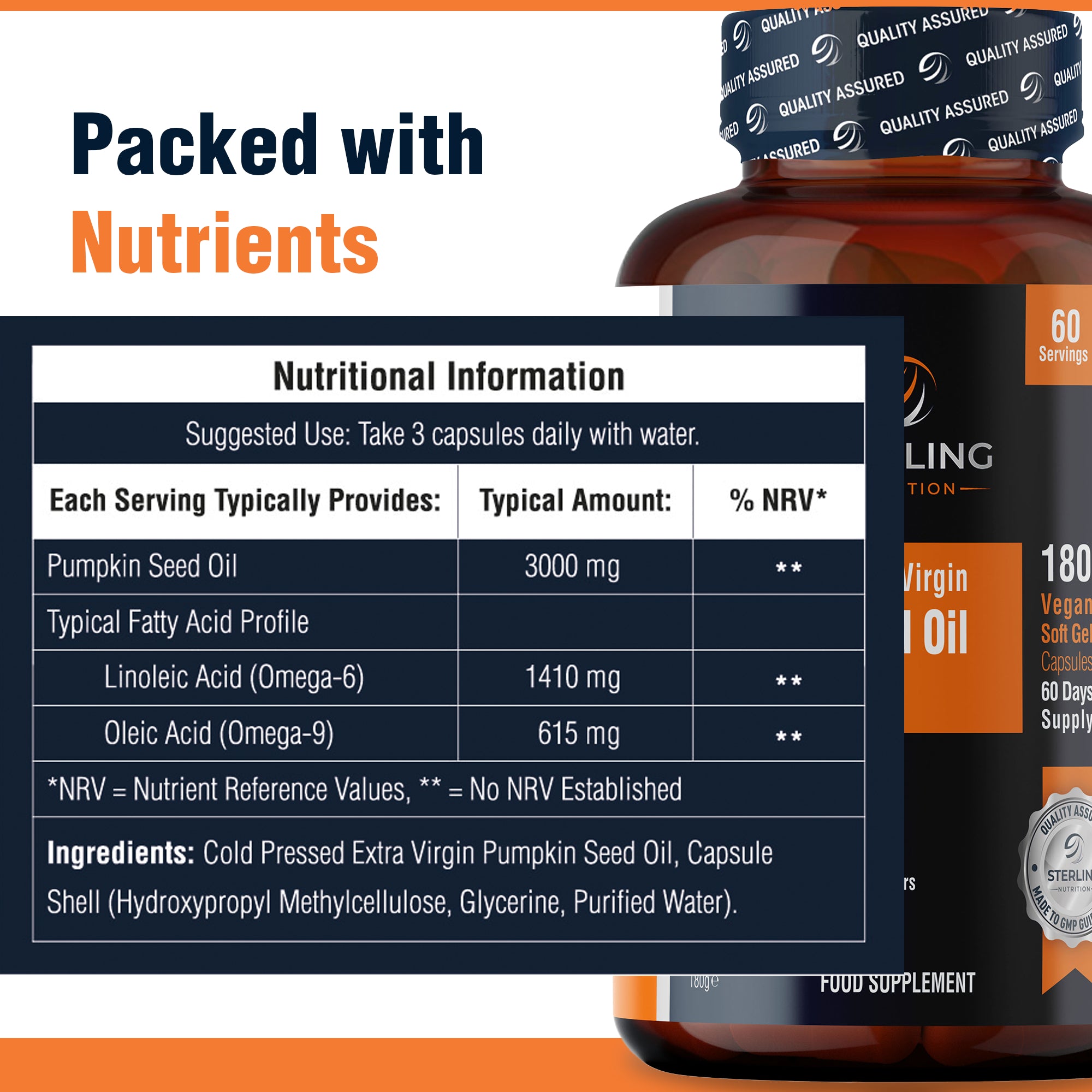 Cold Pressed Extra Virgin Pumpkin Seed Oil Capsules – Vegan Softgels, 180 (60 Days) | 3000mg Omega 6 & 9 for Prostate, Hair & Heart Support