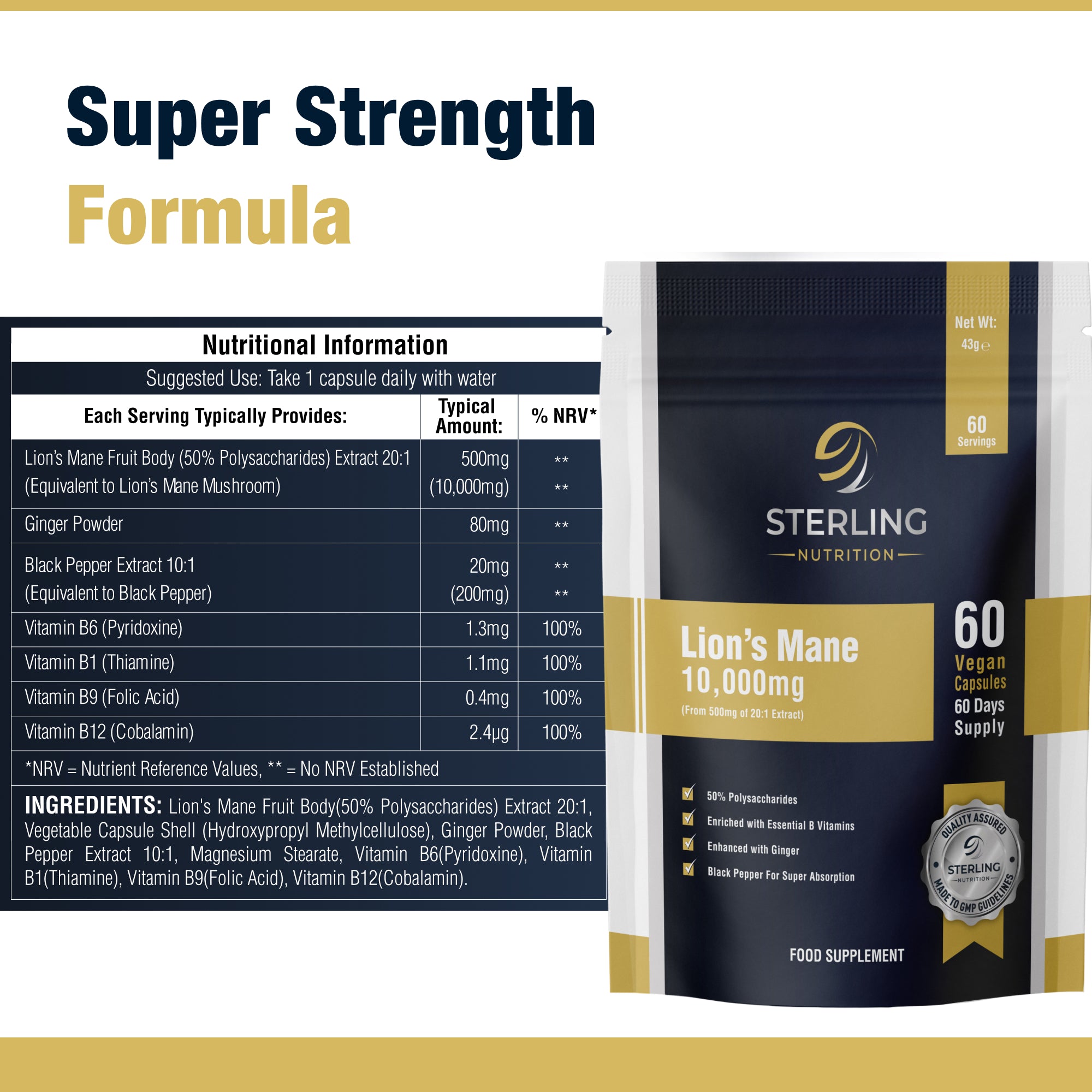 Extra Strength Lion's Man - Vegan Capsules for Adults, 60 High Strength 10000mg with B Vitamins, Black Pepper & Ginger for Brain Health