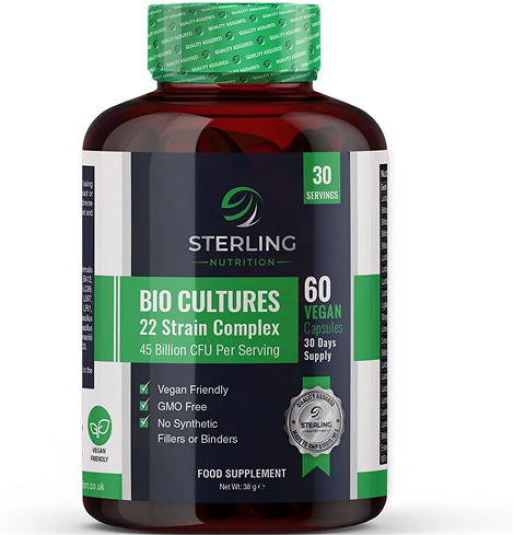 Bio Cultures Complex - Vegan Probiotic for Adults, Pack of 60 Capsules | Digestive Enzyme Supplements for Gut Health | 45 Billion CFU & 22 Live Bacteria Strains