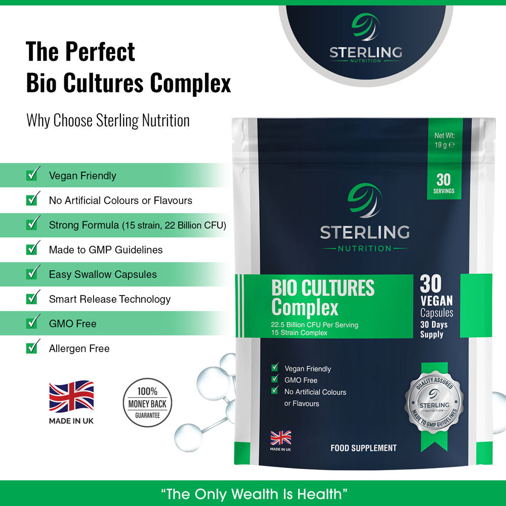 Bio Cultures Probiotic Complex: 22.5B CFU, 22 Strains, Digestive Enzymes, 30 Vegan Capsules