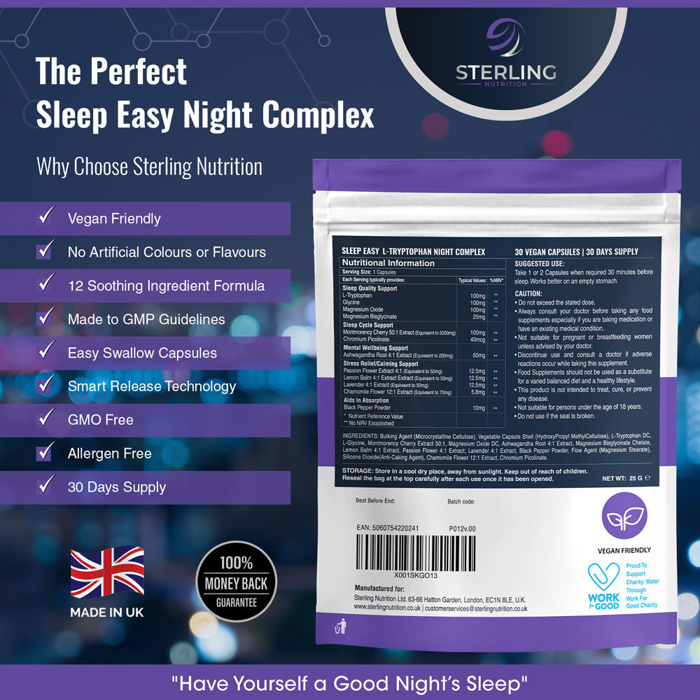 Vegan Sleep Capsules: L-Tryptophan Complex, 30 Non-Habit Forming Capsules