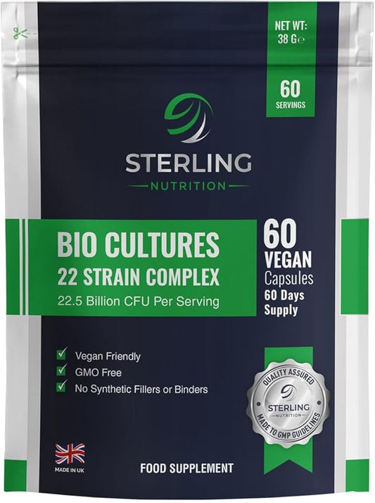 Bio Cultures Probiotic Complex: 22.5B CFU, 22 Live Bacteria Strains, Digestive Enzymes for Men & Women. 60 Super Strength Vegan Capsules