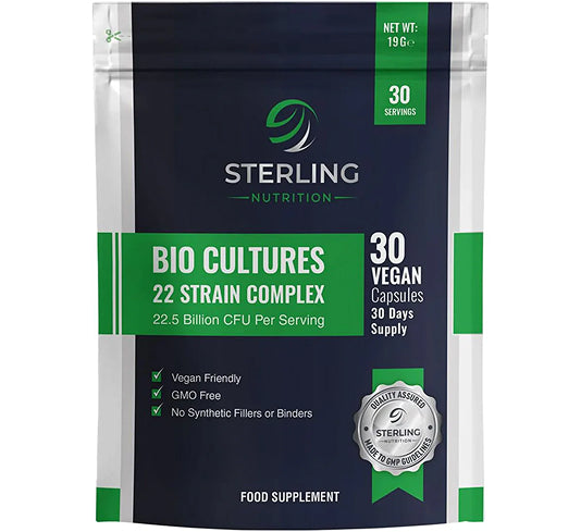 Bio Cultures Probiotic Complex: 22.5B CFU, 22 Strains, Digestive Enzymes, 30 Vegan Capsules