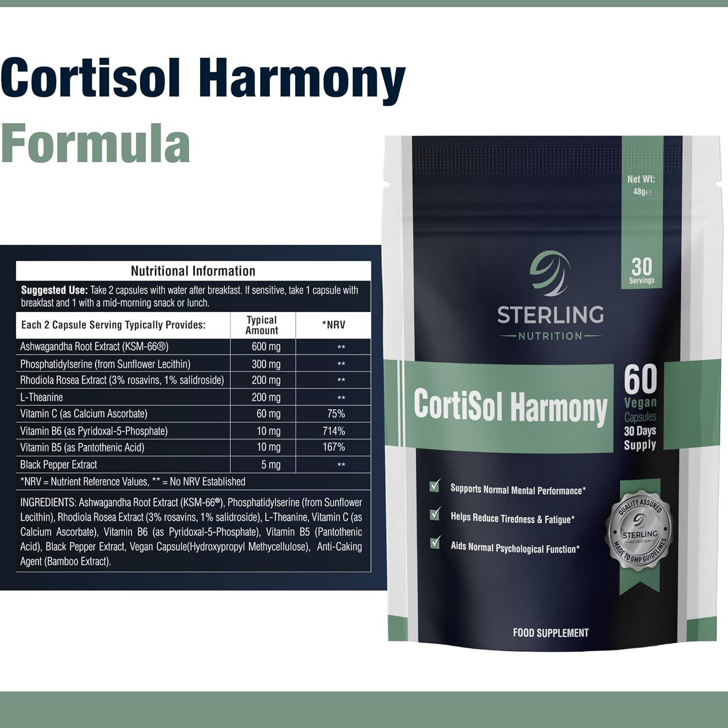 CortiSol Harmony - Supplement to Support Mental Performance & Energy, 60 Vegan Capsules | KSM-66, Ashwagandha, Rhodiola, L-Theanine & B & C Vitamins for Psychological Function