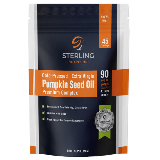 Cold-pressed pumpkin seed oil softgels — 3000mg omega 6 & 9. Supports prostate, hair & heart. 90 vegan capsules, 60-day supply.