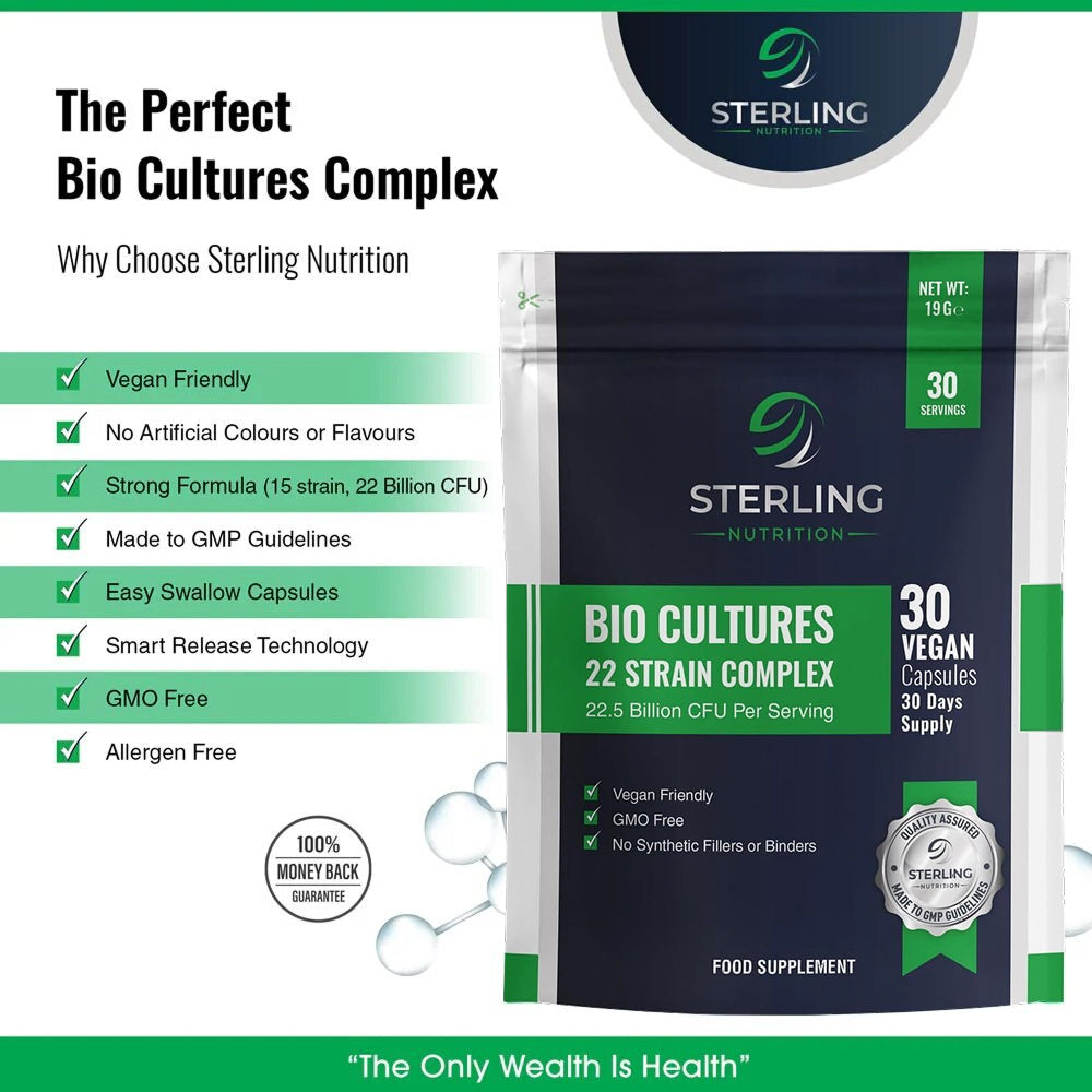 Bio Cultures Probiotic Complex: 22.5B CFU, 22 Strains, Digestive Enzymes, 30 Vegan Capsules