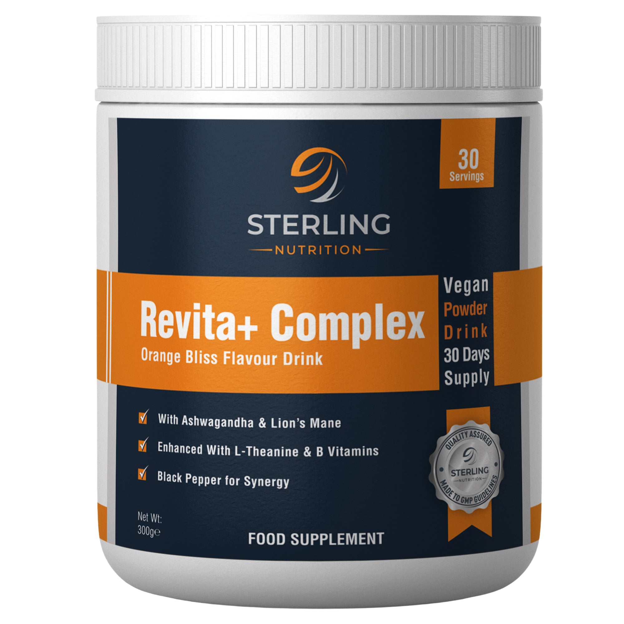 Revita+ Complex Powder – Vegan Supplement to Support Mental Performance & Energy, Orange Flavour, 300g – With KSM-66 Ashwagandha, Lion’s Mane, L-Theanine & B Vitamins