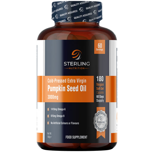 Best-value 180 softgel pack — 3000mg cold-pressed pumpkin seed oil for prostate, hair & heart. 60-day supply. Free UK shipping.