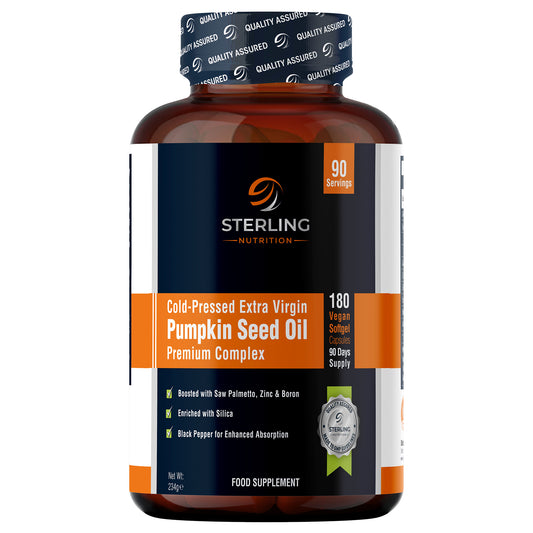 Best-value 180 softgel pack — 3000mg cold-pressed pumpkin seed oil for prostate, hair & heart. 60-day supply. Free UK shipping.
