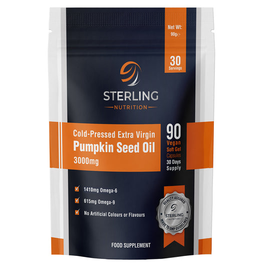 Cold-pressed pumpkin seed oil softgels — 3000mg omega 6 & 9. Supports prostate, hair & heart. 90 vegan capsules, 30-day supply.