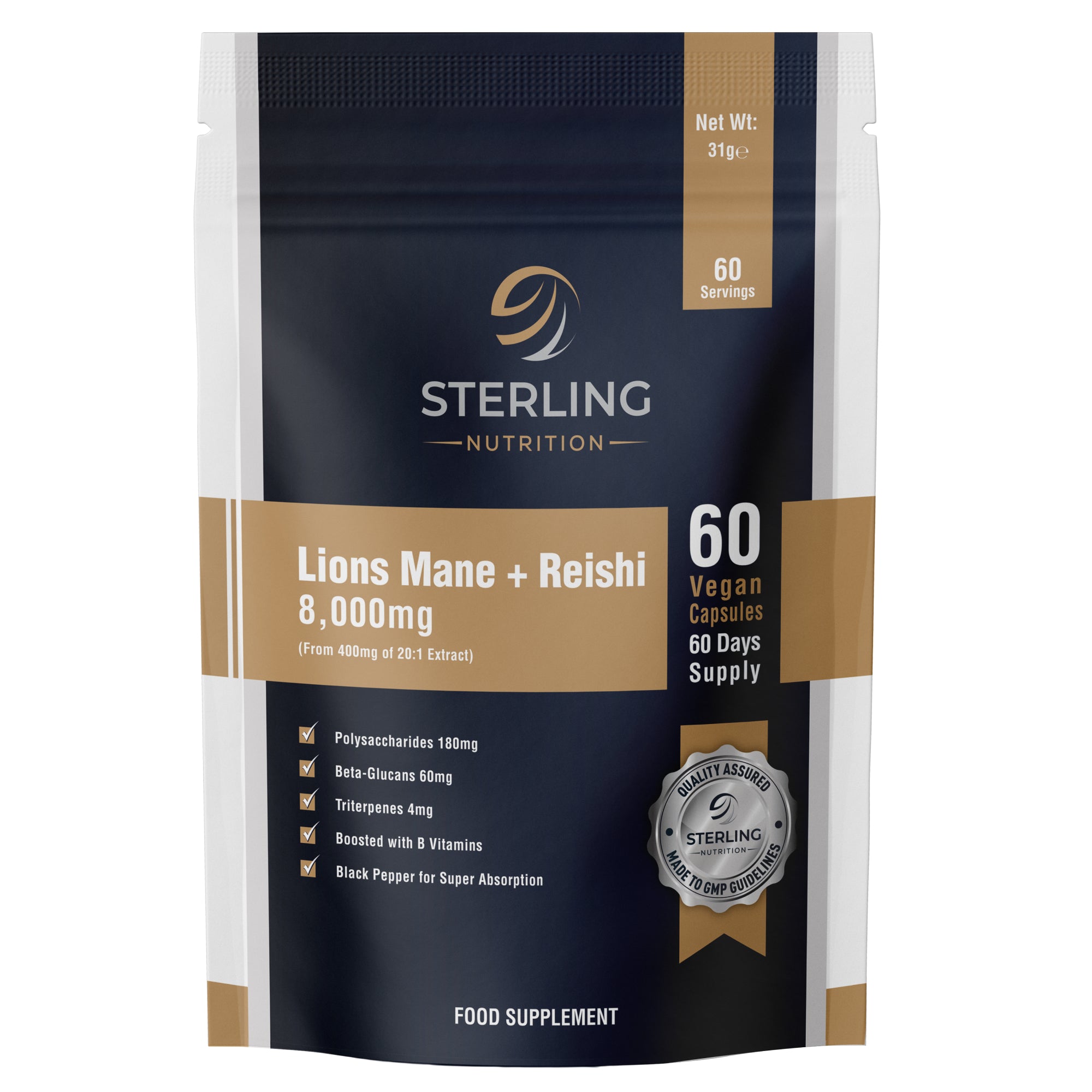 Lions Mane + Reishi Vegan Capsules - 60 High Strength 8000mg with B Vitamins & Black Pepper for Energy, Sleep, Brain & Liver Support