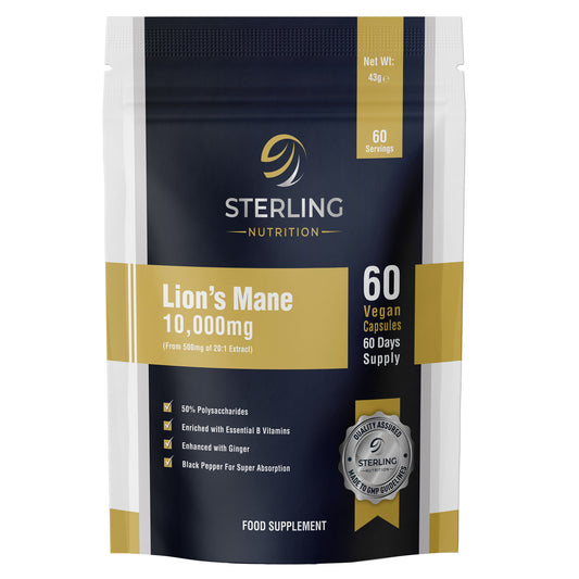 Extra-strength 10,000mg lion's mane capsules with B vitamins, black pepper & ginger. 60 vegan caps, 2-month supply. Brain & focus support.