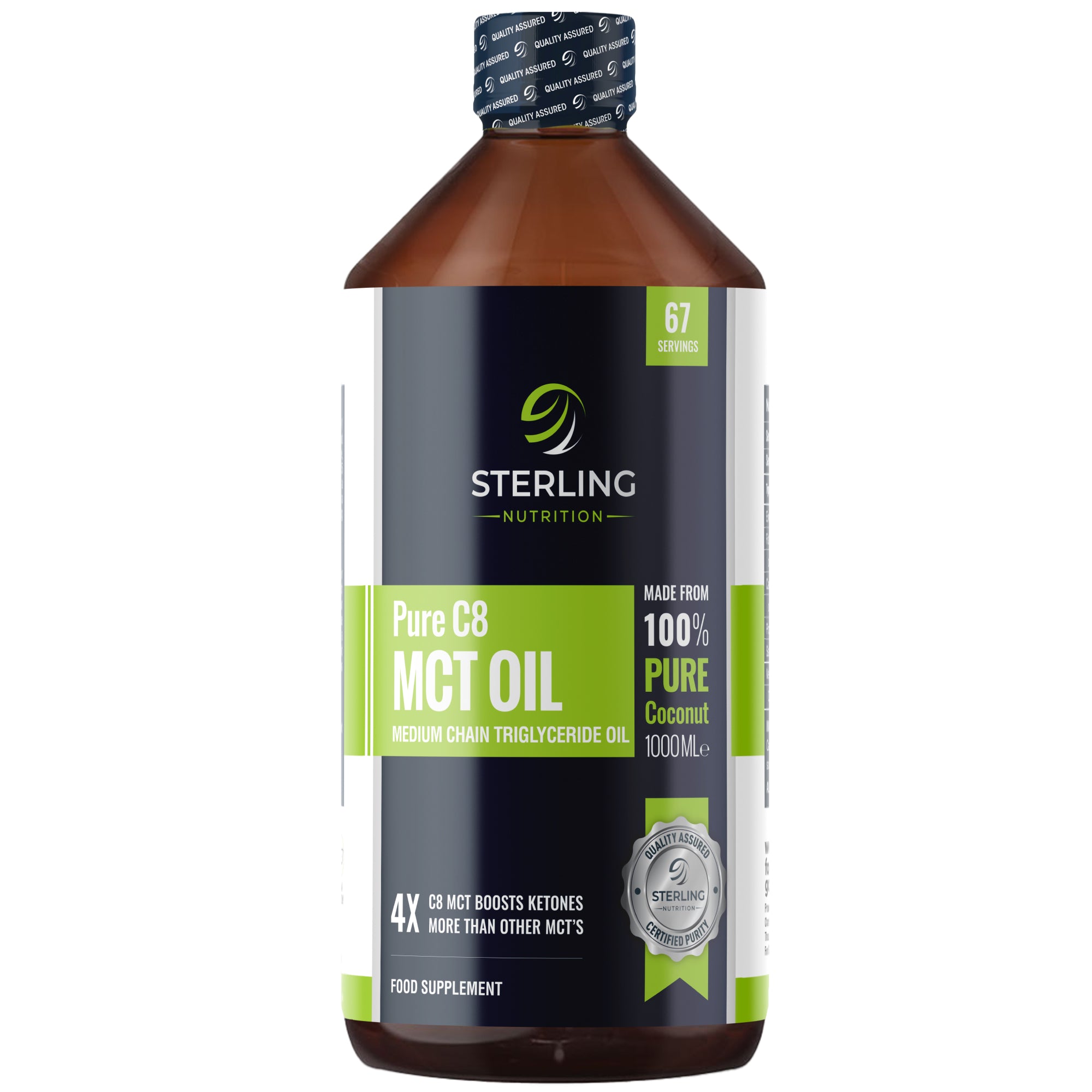 Pure C8 MCT Oil - 1000ml | 4X More Ketones for Keto & Fasting | Lab Tested 99.7% Purity | 100% Sustainable Coconuts | Vegan & Gluten-Free