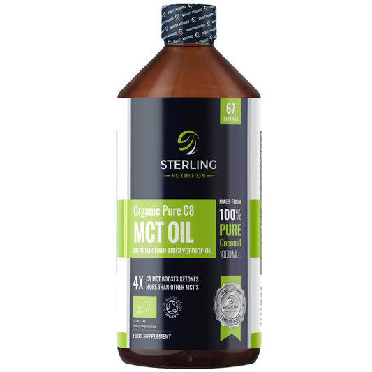 3-month supply of certified organic C8 MCT oil. 100% sustainable coconuts, vegan, lab-tested. Ideal for keto & fasting routines.