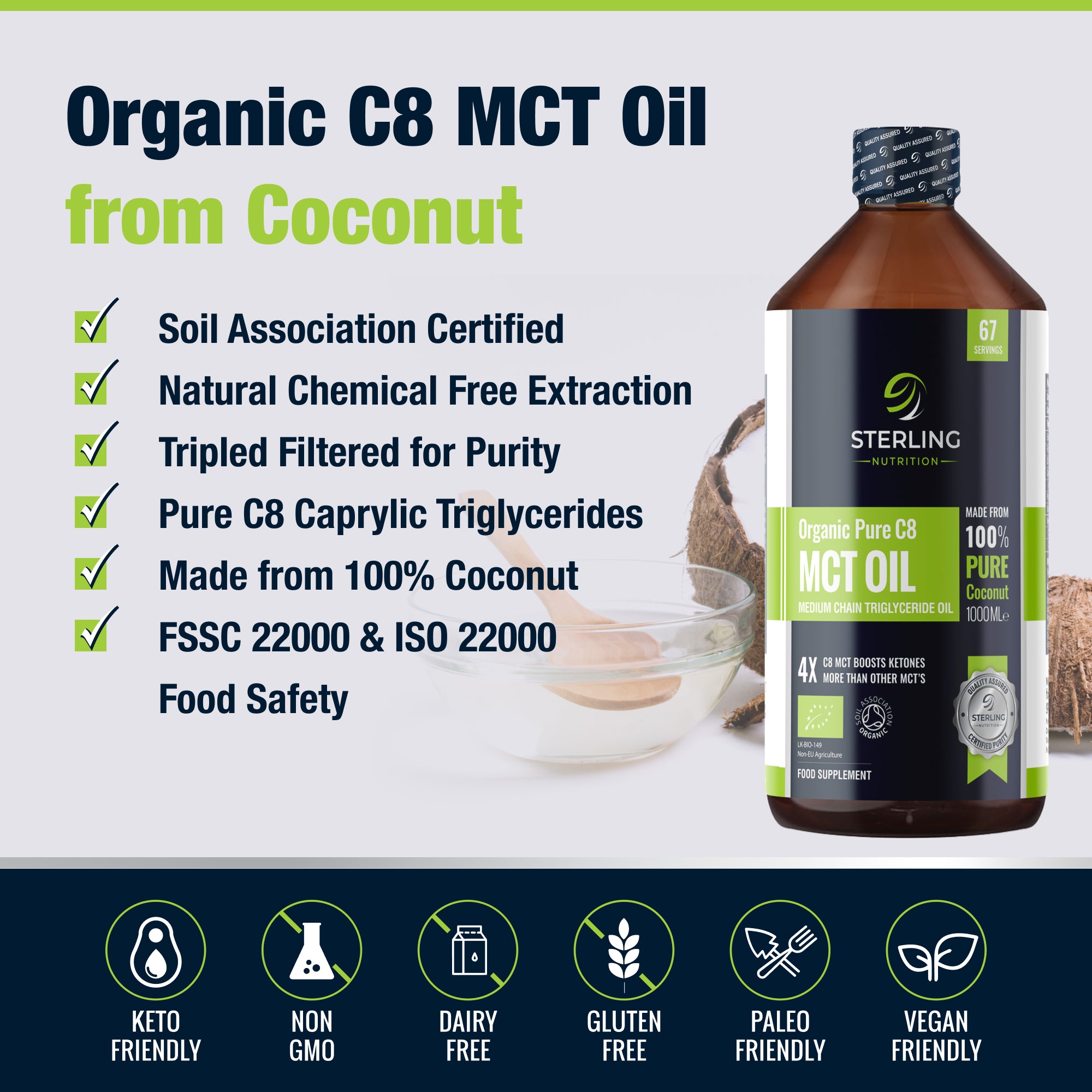 Pure Organic C8 MCT Oil - 1000ml | 4X Ketones for Keto & Fasting | 100% Sustainable Coconuts | Lab Tested | Vegan & Gluten-Free