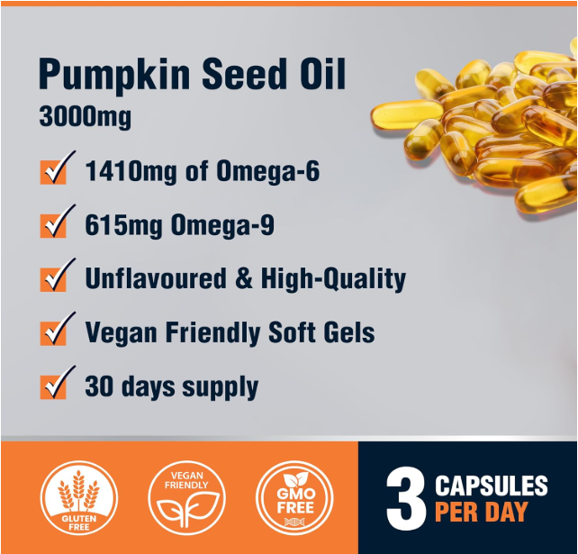 Cold Pressed Extra Virgin Pumpkin Seed Oil Capsules - Vegan Softgels, 90 (30 Days) | 3000mg Omega 6 & 9 for Prostate, Hair & Heart Support