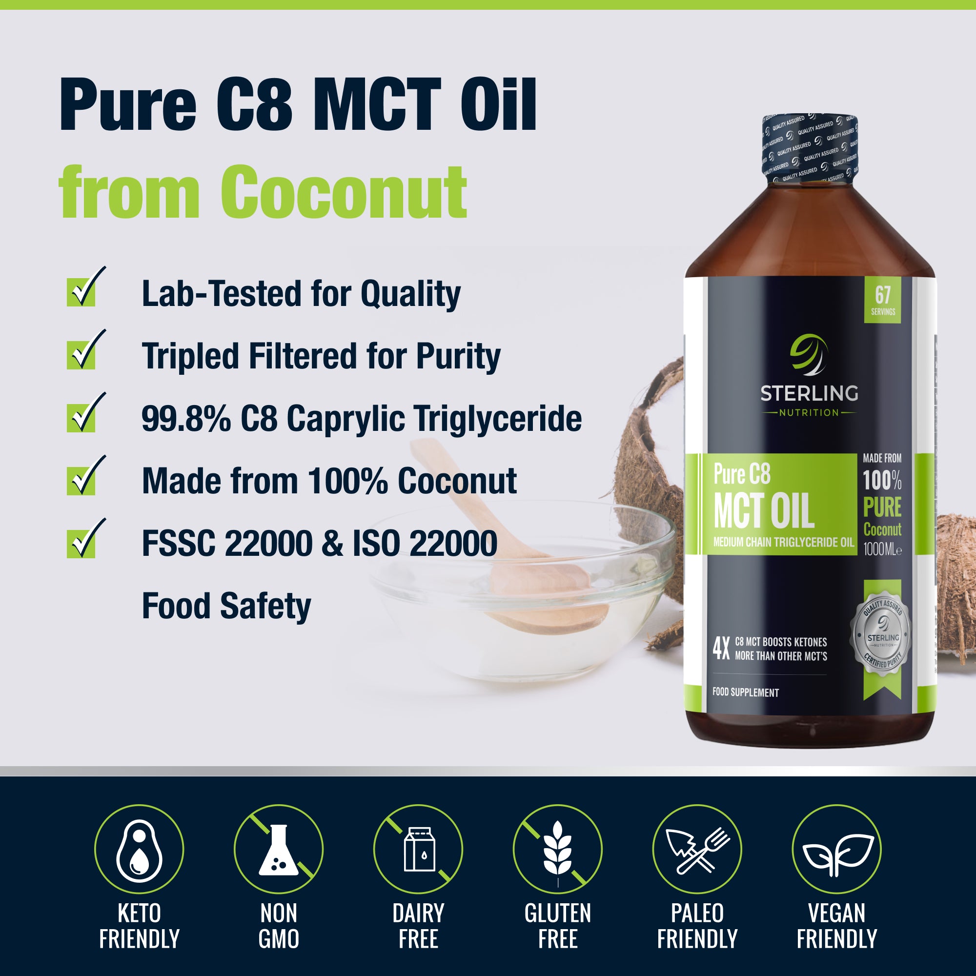 Pure C8 MCT Oil - 1000ml | 4X More Ketones for Keto & Fasting | Lab Tested 99.7% Purity | 100% Sustainable Coconuts | Vegan & Gluten-Free