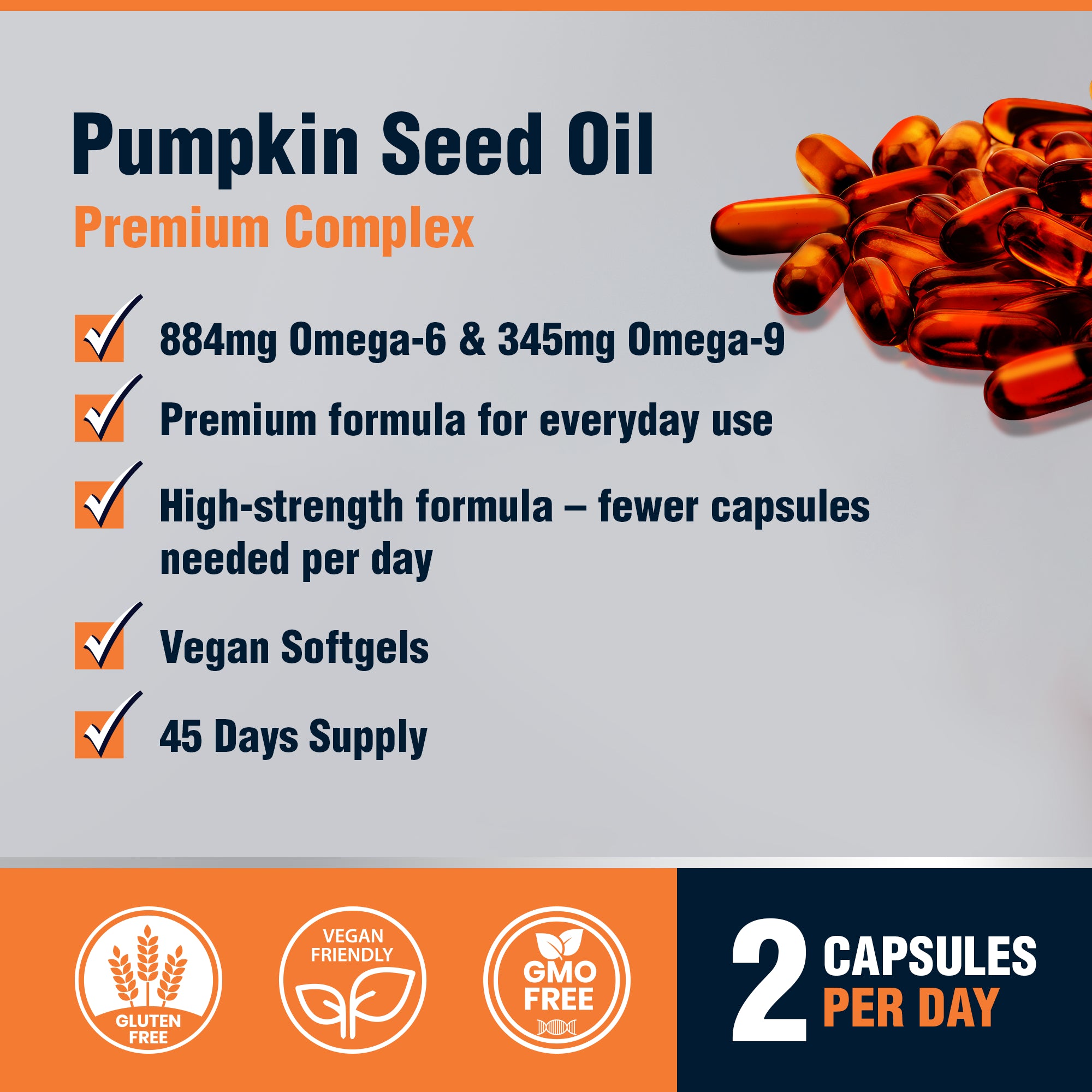 Cold-Pressed Extra Virgin Pumpkin Seed Oil Premium Supplements - 90 Vegan Softgels for Adults (45 Days) I with Beneficial Ingredients | High Strength 2000mg with Omega 6 & 9