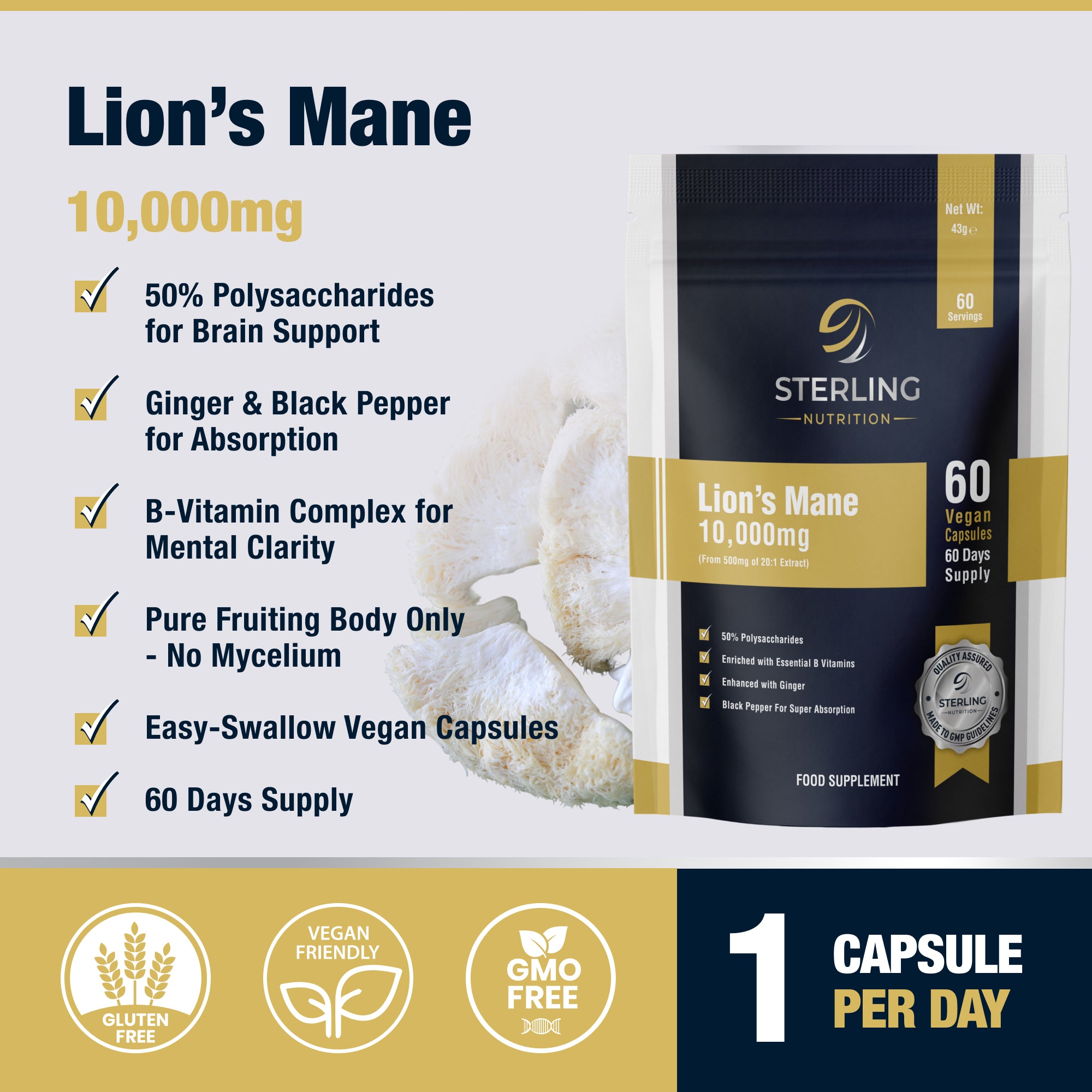 Extra Strength Lion's Mane - Vegan Capsules for Adults, 60 High Strength 10000mg with B Vitamins, Black Pepper & Ginger for Brain Health