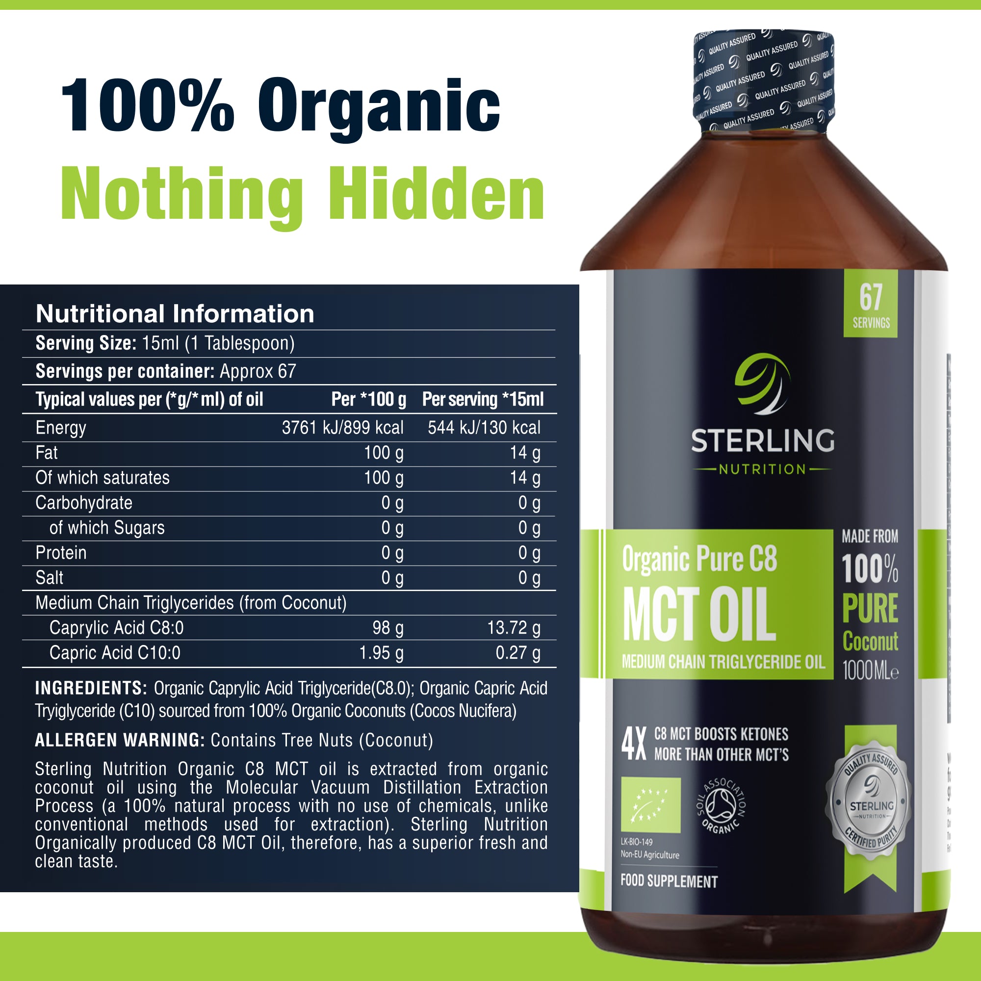 Pure Organic C8 MCT Oil - 1000ml | 4X Ketones for Keto & Fasting | 100% Sustainable Coconuts | Lab Tested | Vegan & Gluten-Free