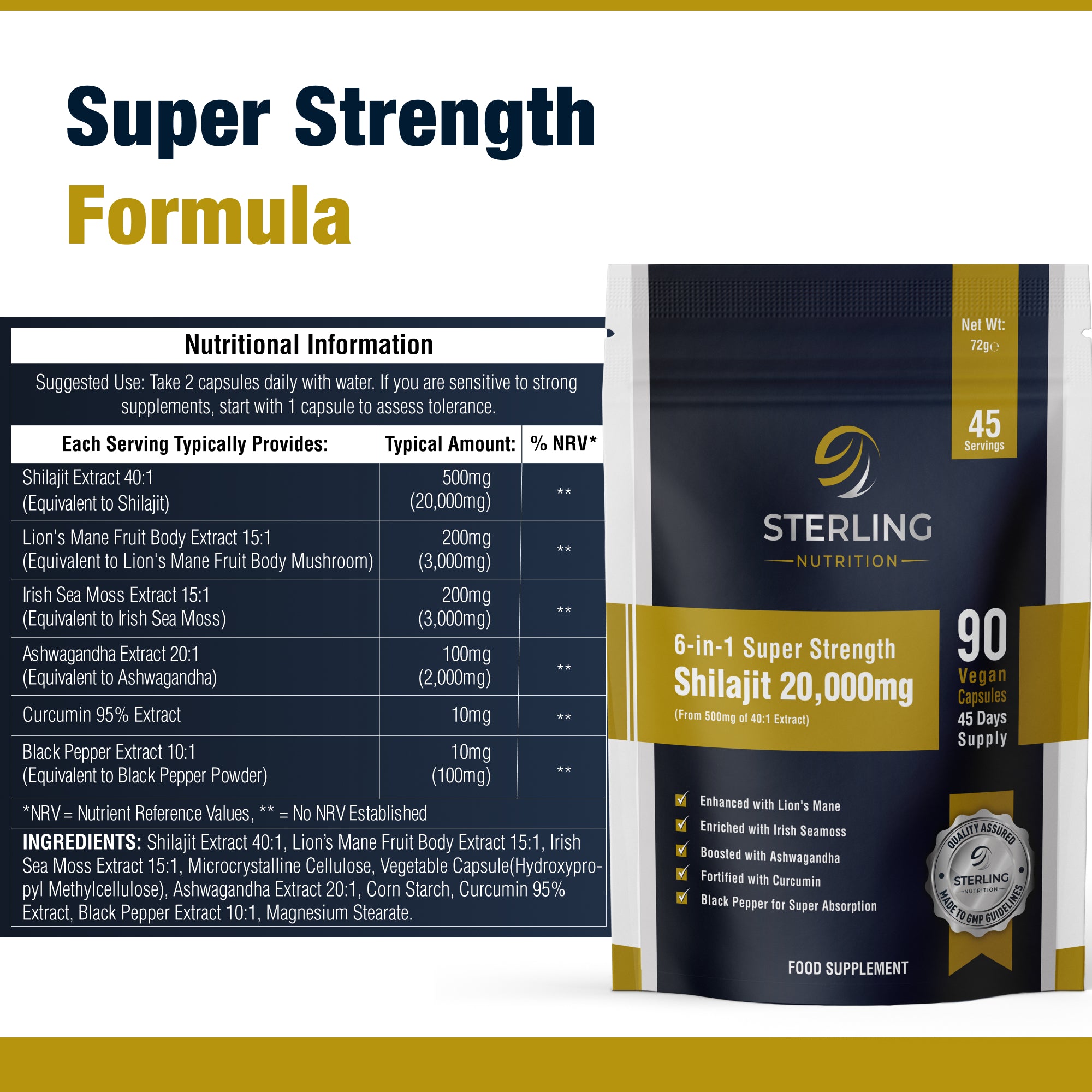 6-in-1 Super Strength Himalayan Shilajit Complex – Vegan Capsules, 90 | 20000mg with Lion's Mane, Irish Sea Moss, Ashwagandha, Curcumin & Black Pepper